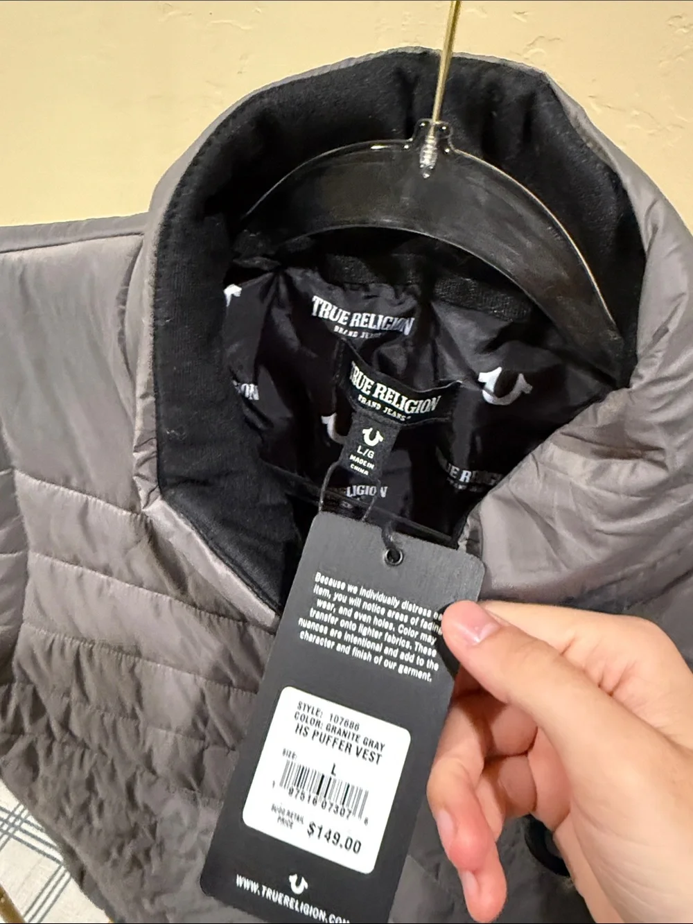 True Religion Men's Quilted Gray Sleeveless Puffer Vest